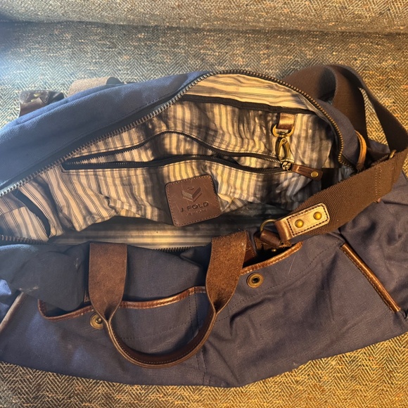 J. Fold Roadster Duffel Bag Blue Canvas Brown & Leather (Authentic Pre-Owned) - Picture 12 of 15